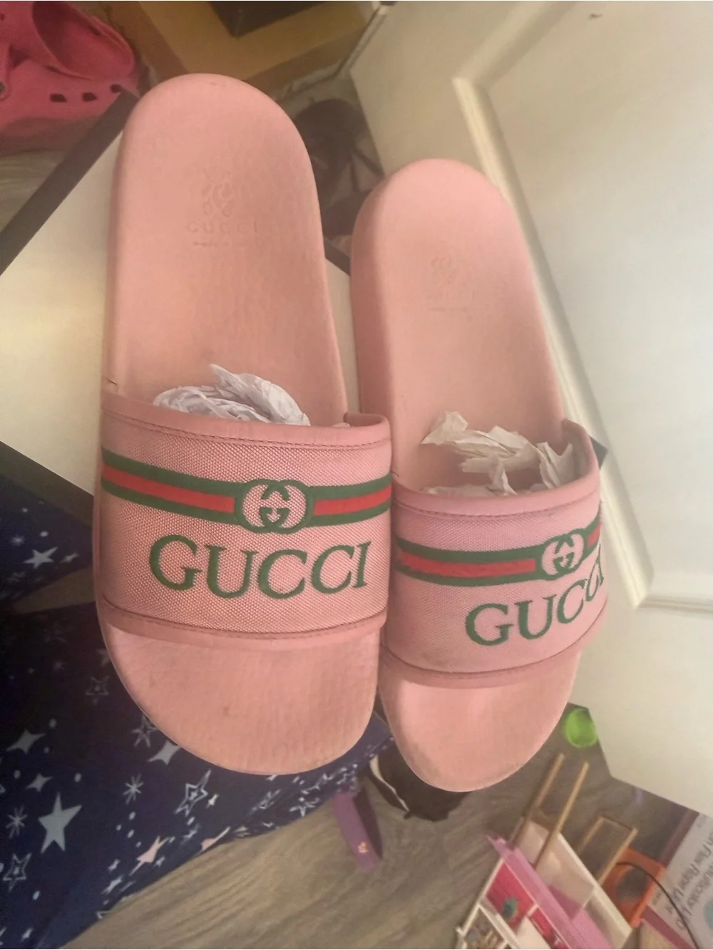 Gucci Pink Logo Slide Sandals with Green-Red Web Stripe
